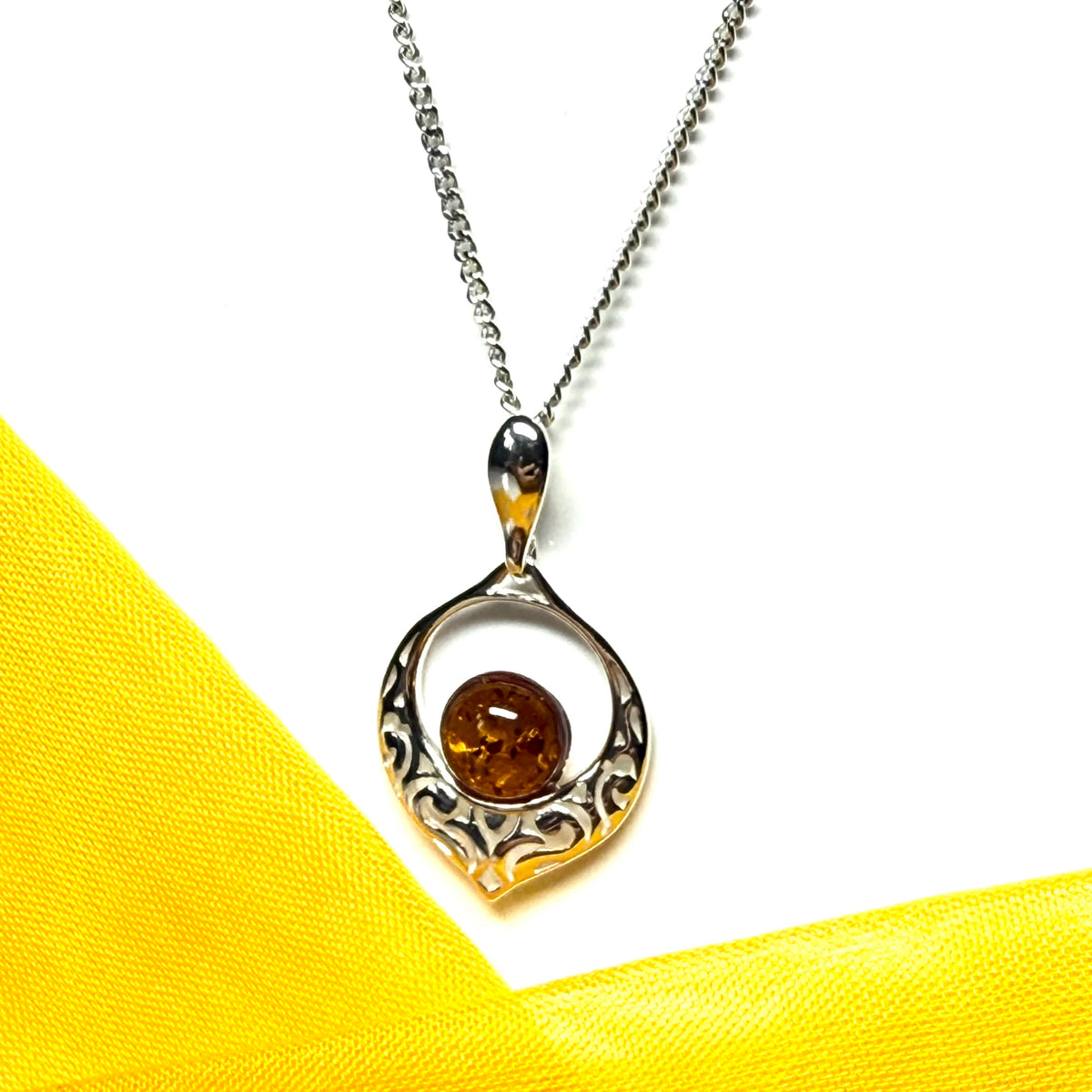 Necklace orange real amber open round drop sterling silver