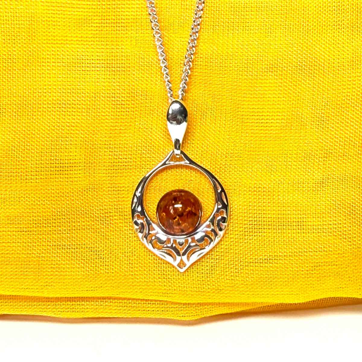 Necklace orange real amber open round drop sterling silver