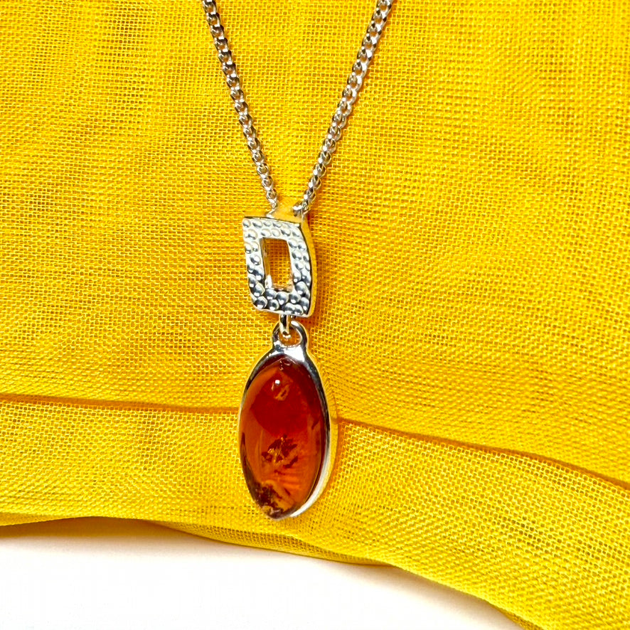 Necklace orange real amber oval drop open sterling silver