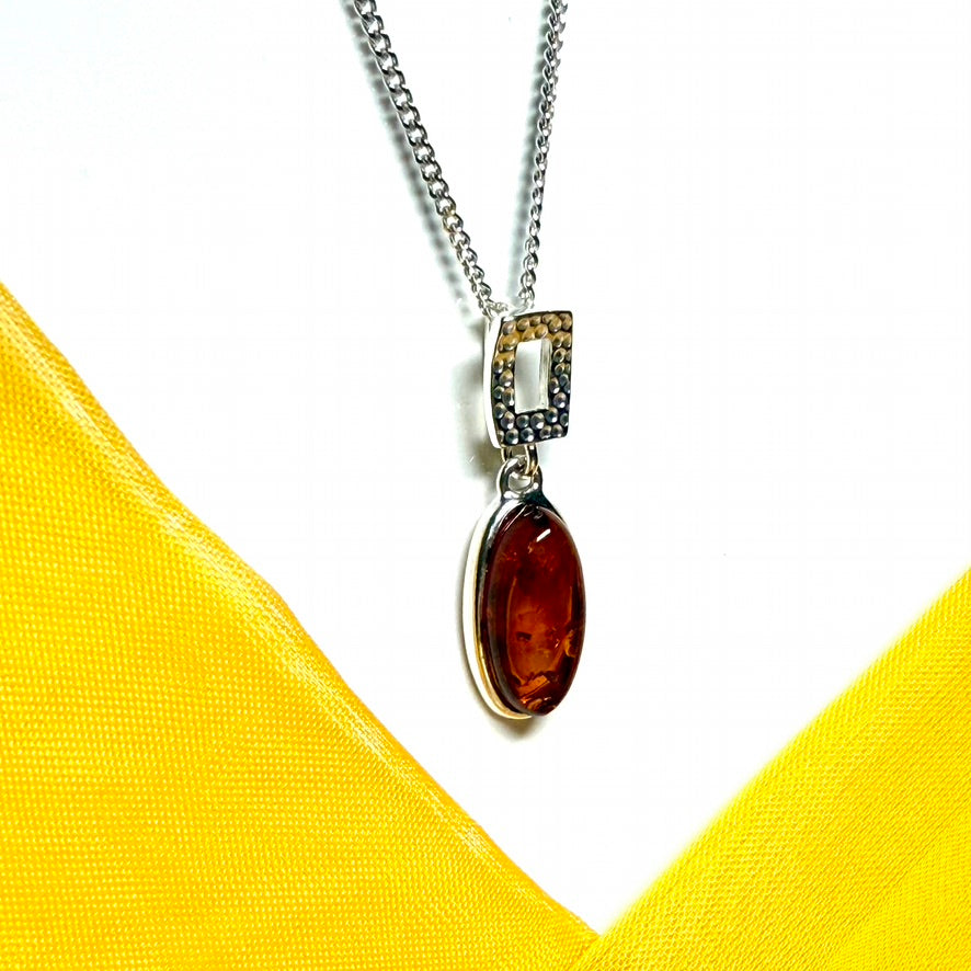 Necklace orange real amber oval drop open sterling silver