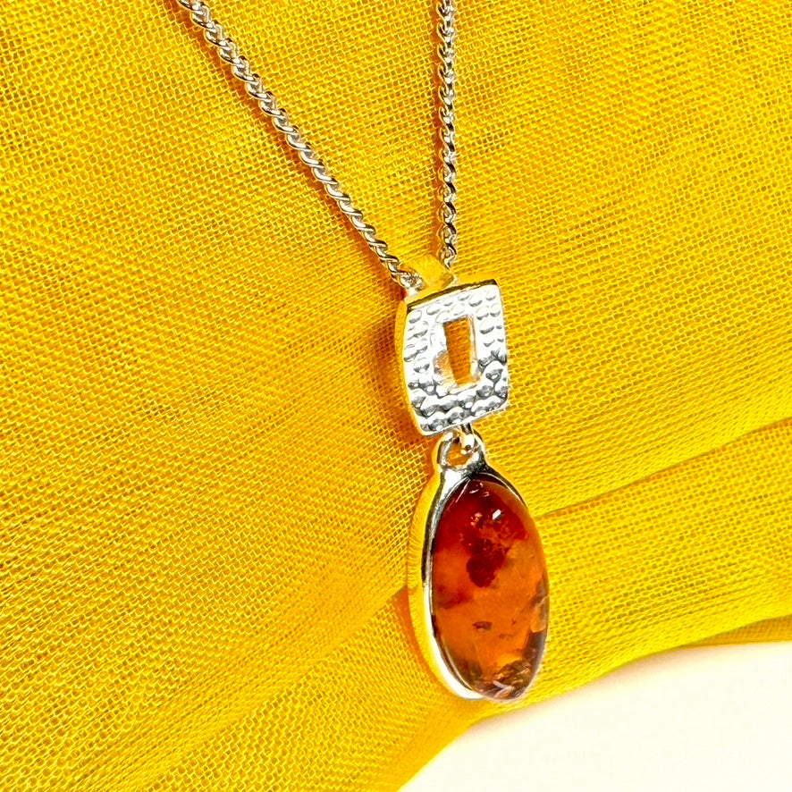 Necklace orange real amber oval drop open sterling silver