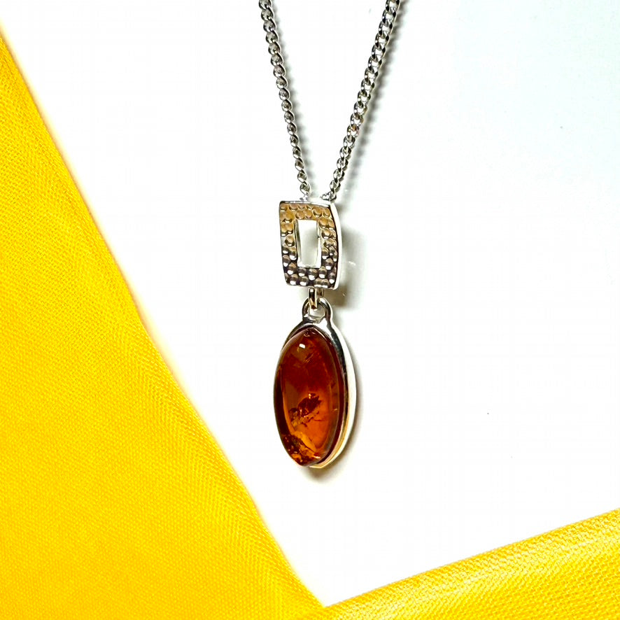 Necklace orange real amber oval drop open sterling silver