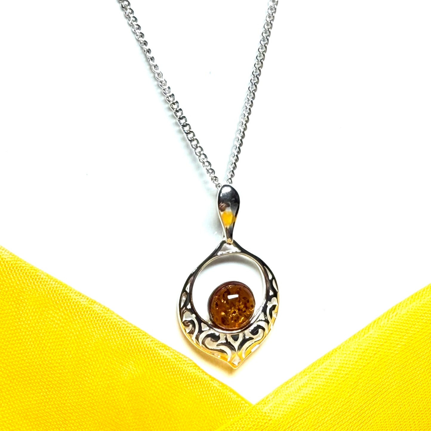 Necklace orange real amber open round drop sterling silver