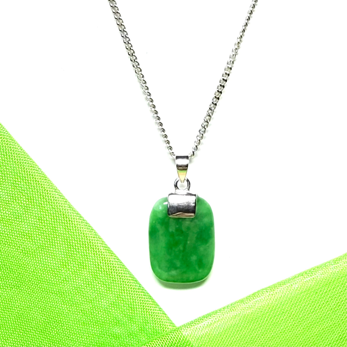 Necklace pendant having real green jade sterling silver cushion shaped with a chain included