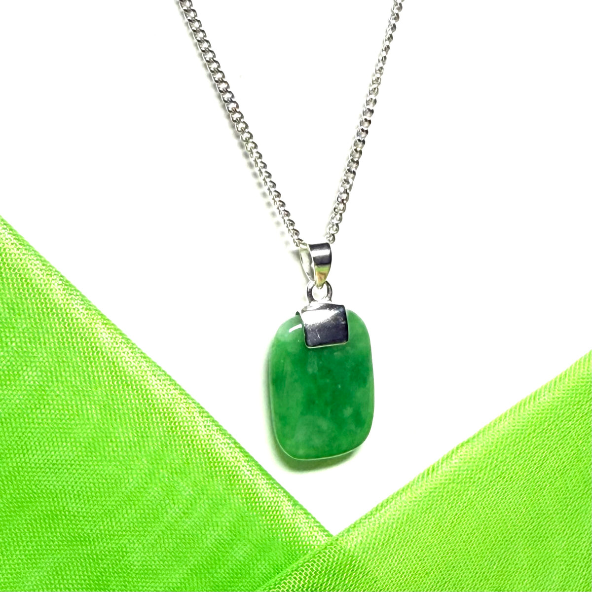 Necklace pendant having real green jade sterling silver cushion shaped with a chain included