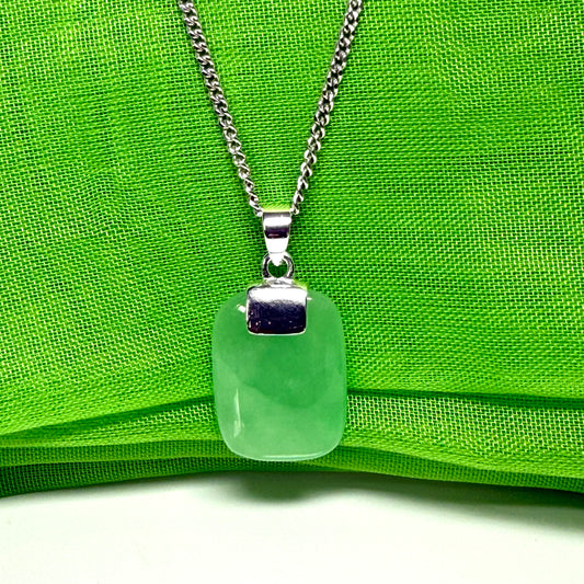 Necklace pendant having real light green jade sterling silver cushion shaped, including a chain