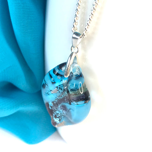 Necklace real Murano glass blue coloured oval leaf shaped pendant