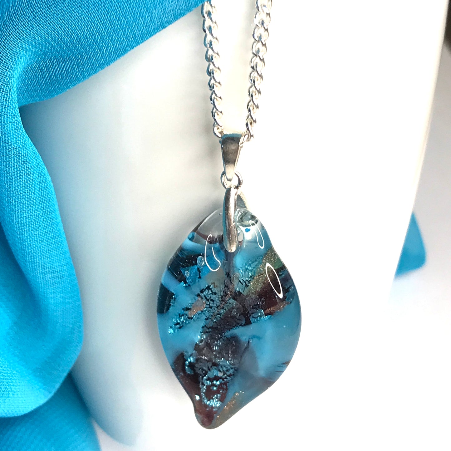 Necklace real Murano glass blue coloured oval leaf shaped pendant