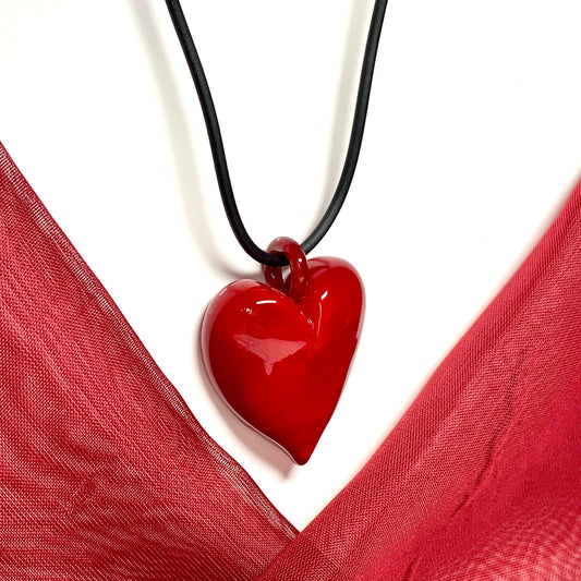 Necklace real Murano glass bright red heart drop pendant on a black cord