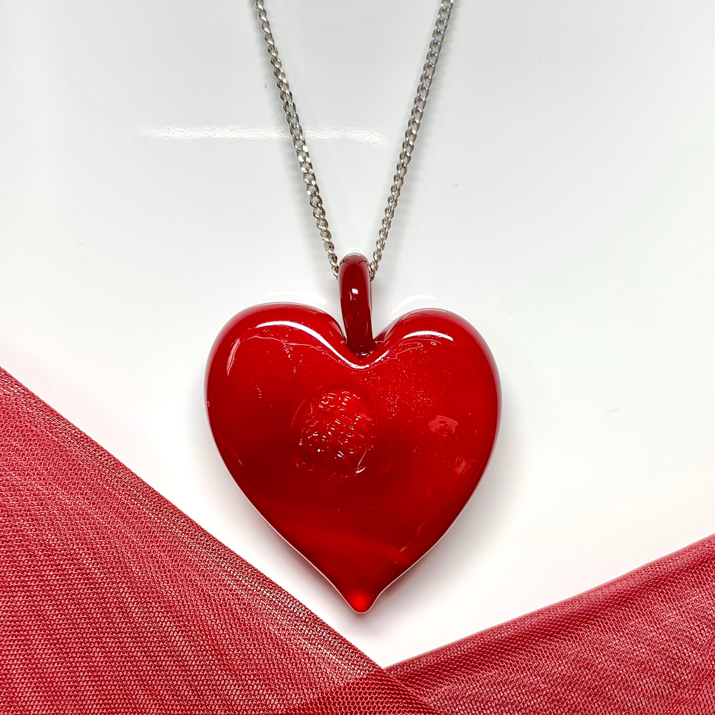 Necklace real Murano glass bright red heart drop pendant sterling silver Showing the back of the pendant with the Murano glass stamp