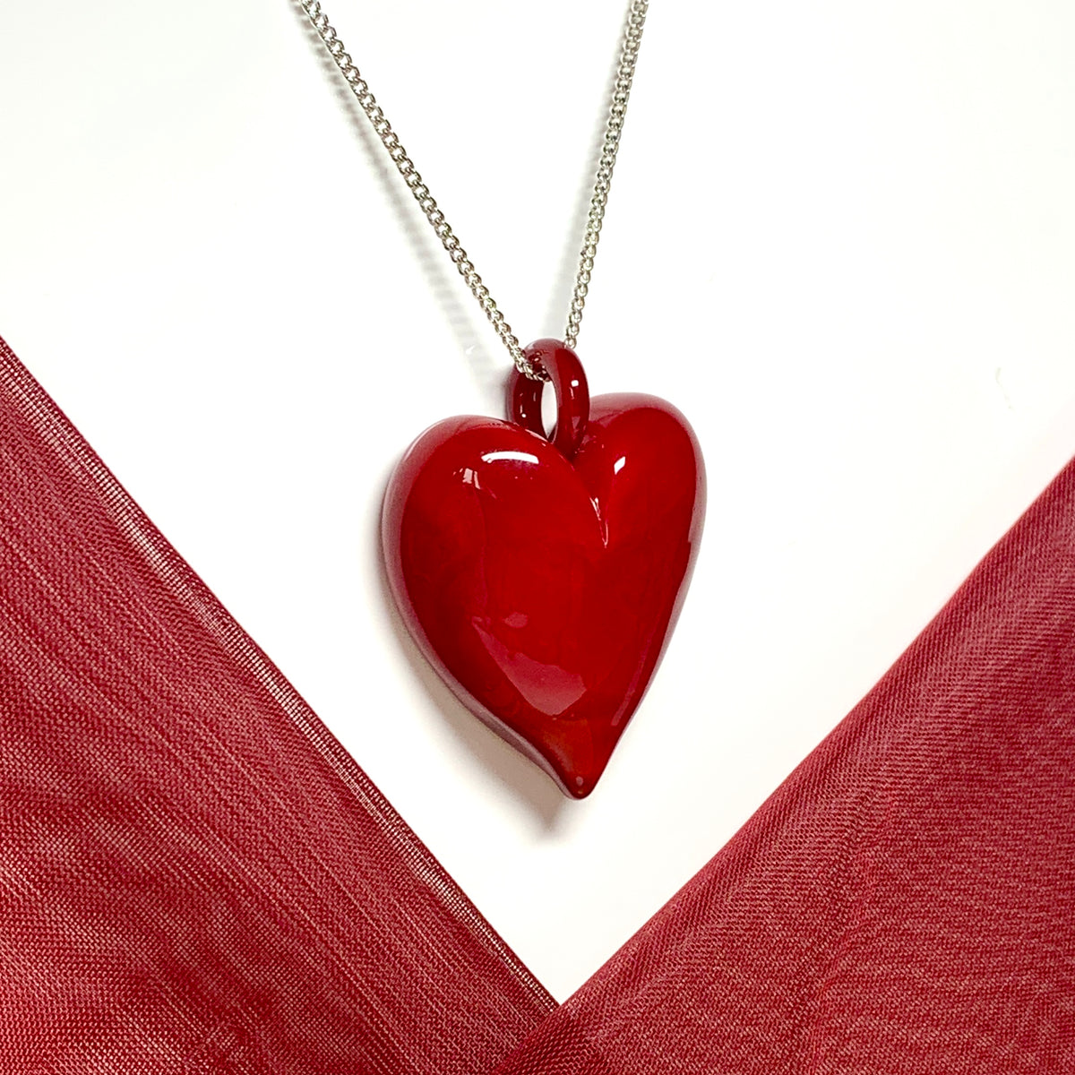 Necklace real Murano glass bright red heart drop pendant sterling silver