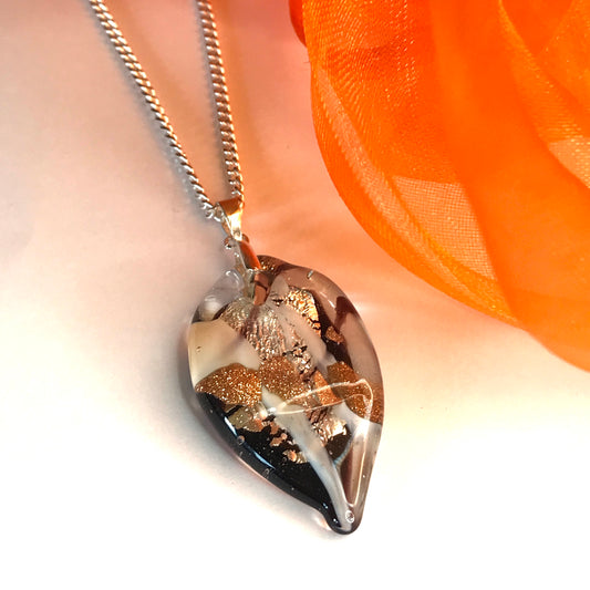 Necklace real Murano glass copper coloured oval leaf shaped pendant