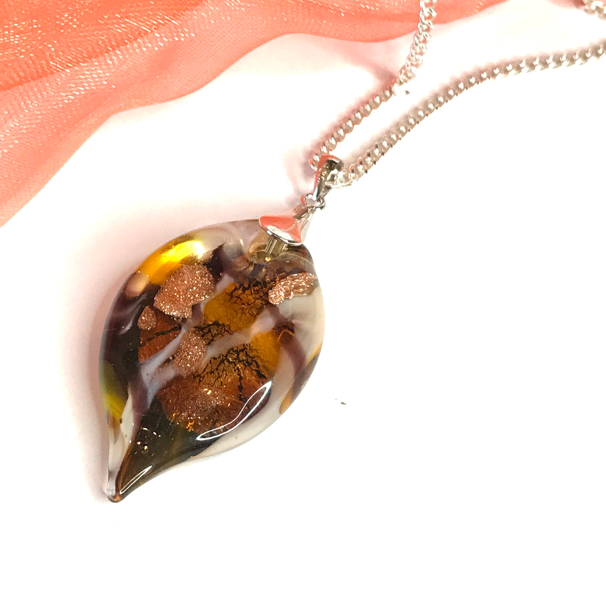 Necklace real Murano glass copper coloured oval leaf shaped pendant with chain