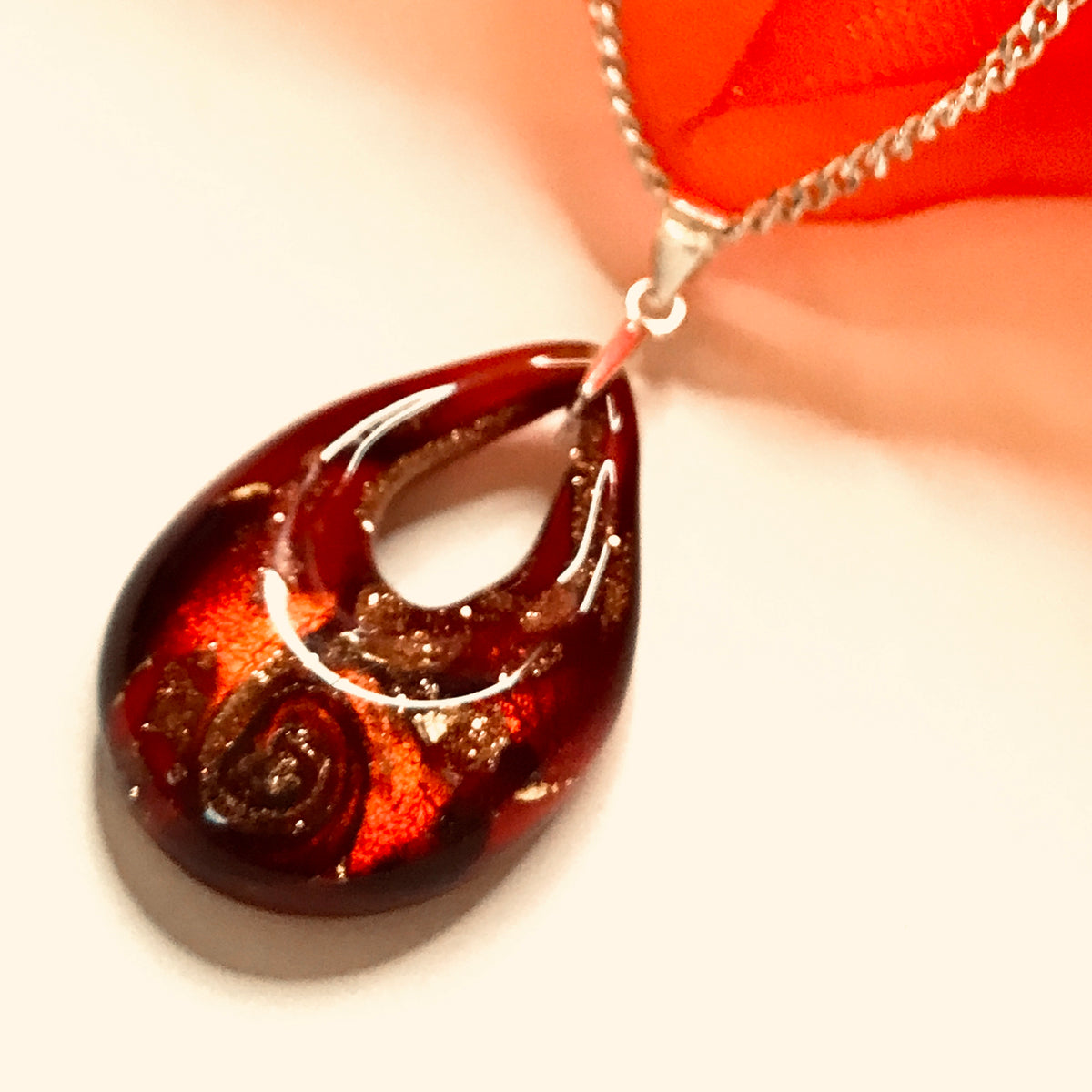 Necklace real Murano glass red gold coloured pear shaped pendant