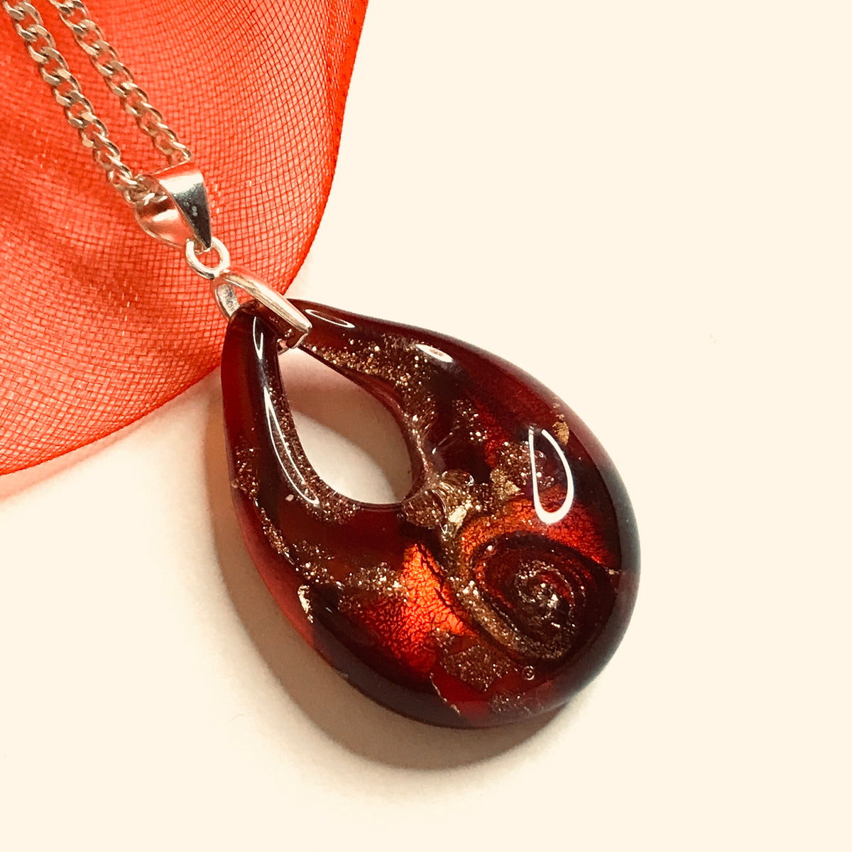 Necklace real Murano glass red gold coloured pear shaped pendant