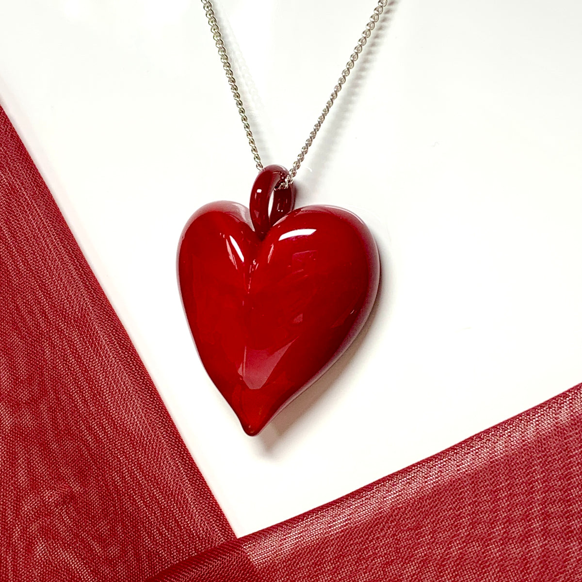 Necklace real Murano glass bright red heart drop pendant sterling silver