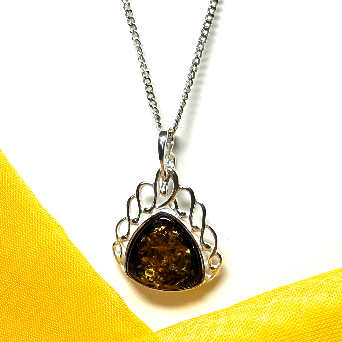 Necklace real amber open rounded triangle drop sterling silver pendant