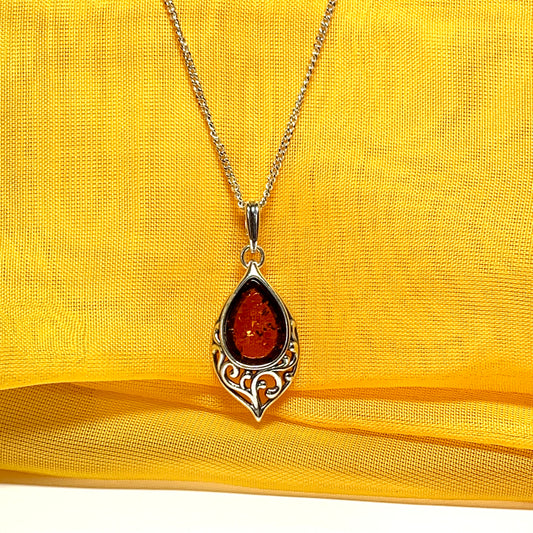 Necklace real amber pear shaped sterling silver pierced patterned pendant including chain