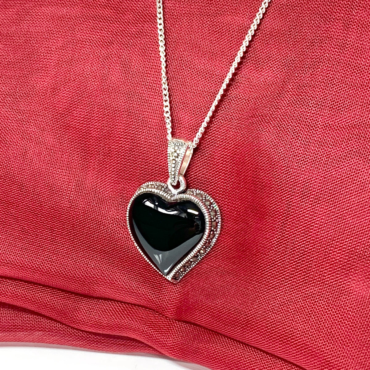 Necklace real black onyx and marcasite heart shaped pendant sterling silver