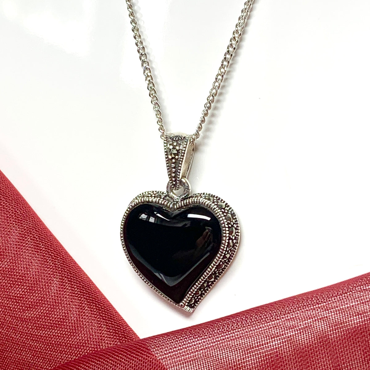 Necklace real black onyx and marcasite heart shaped pendant sterling silver