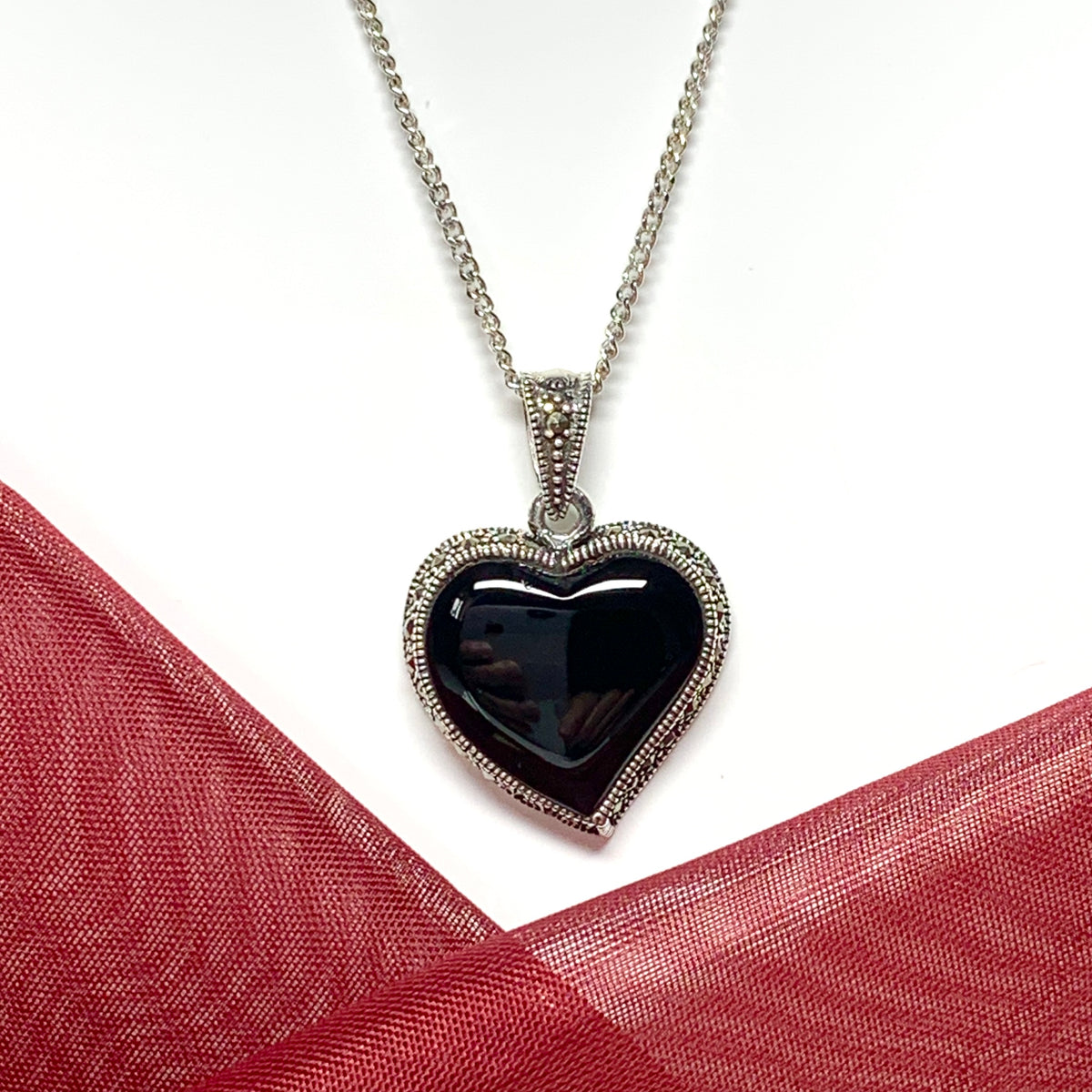 Necklace real black onyx and marcasite heart shaped pendant sterling silver