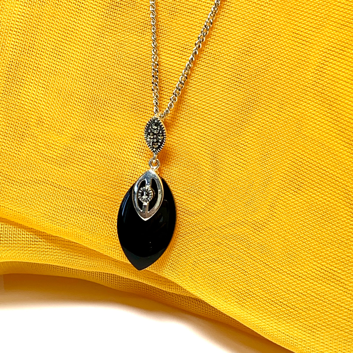Necklace real black onyx with real marcasite marquise shaped sterling silver pendant