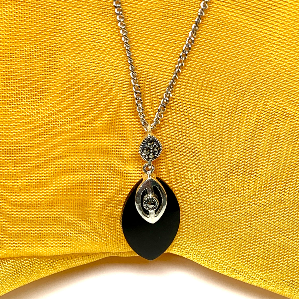 Necklace real black onyx with real marcasite marquise shaped sterling silver pendant