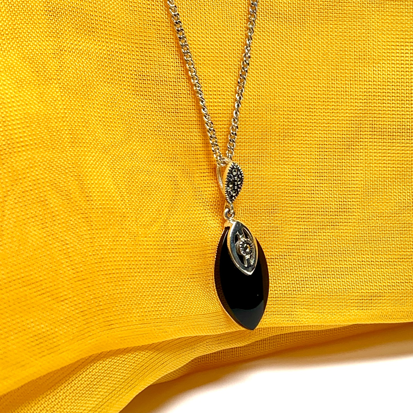Necklace real black onyx with real marcasite marquise shaped sterling silver pendant