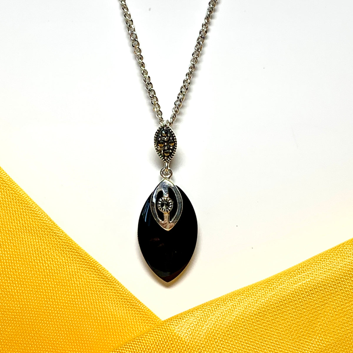 Necklace real black onyx with real marcasite marquise shaped sterling silver pendant