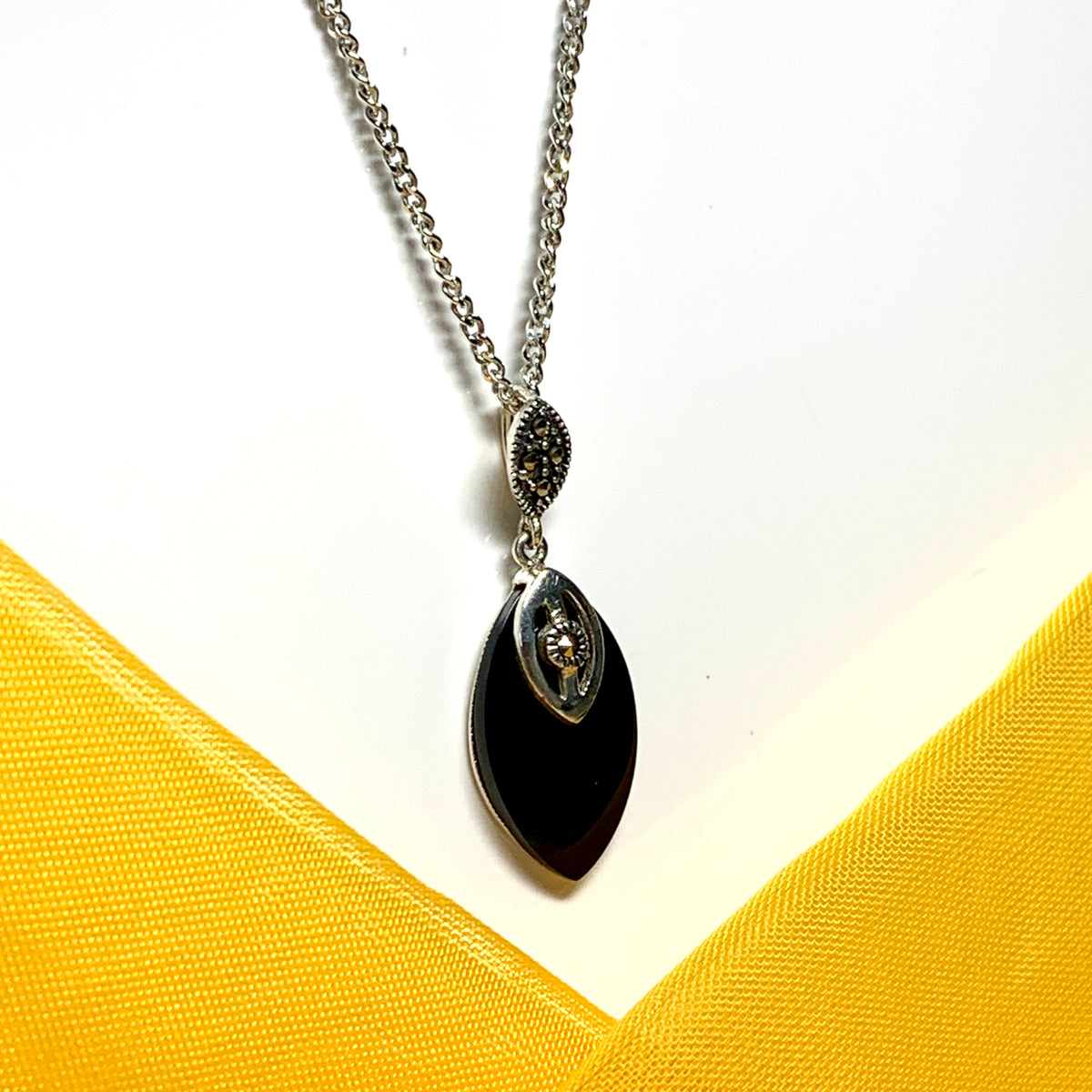 Necklace real black onyx with real marcasite marquise shaped sterling silver pendant