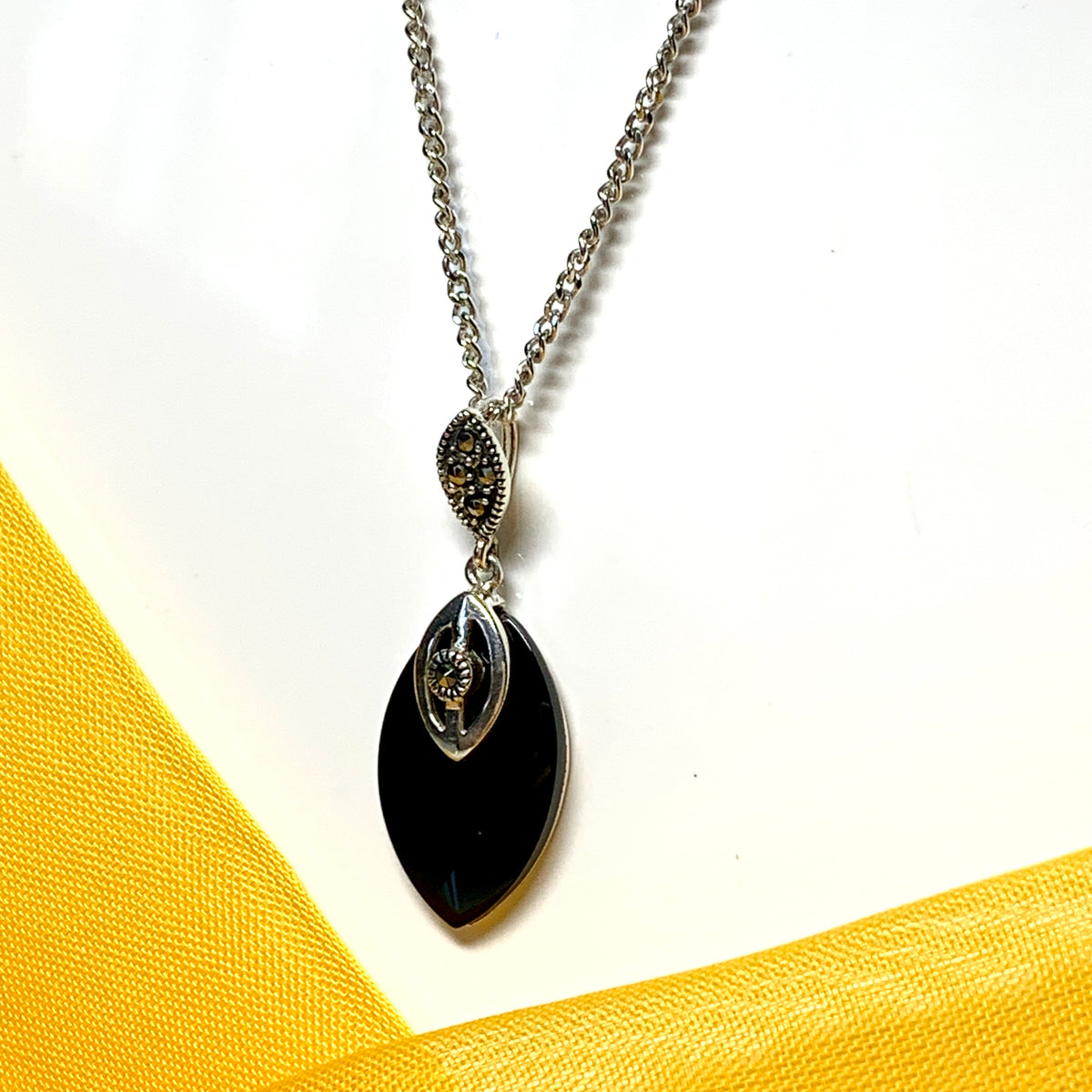 Necklace real black onyx with real marcasite marquise shaped sterling silver pendant