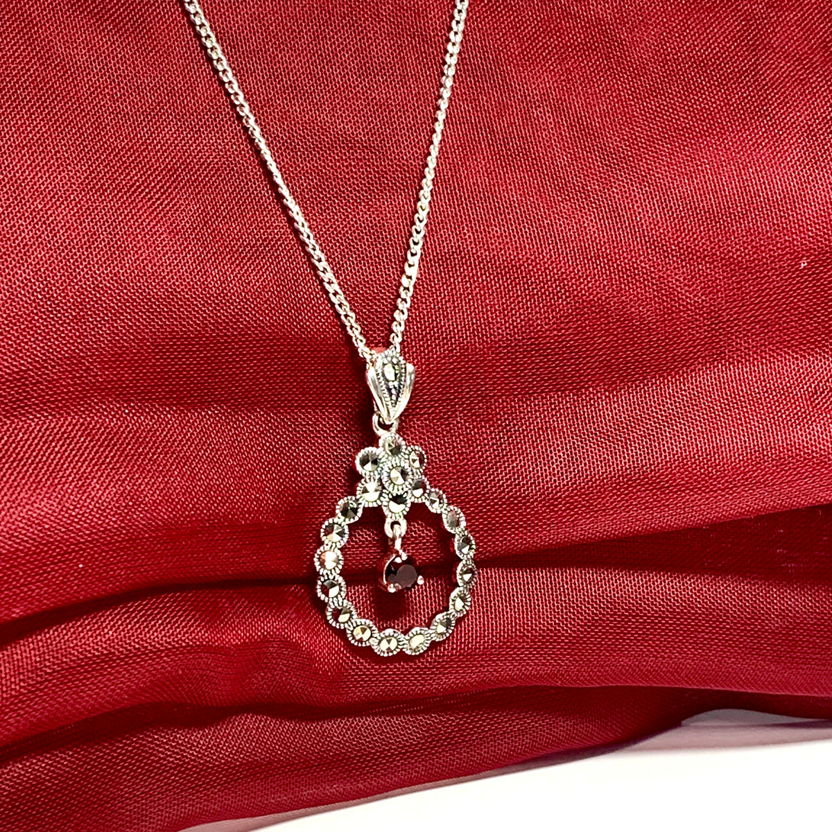 Necklace real garnet and real marcasite round circle shaped open pendant sterling silver