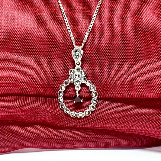 Necklace real garnet and real marcasite round circle shaped open pendant sterling silver