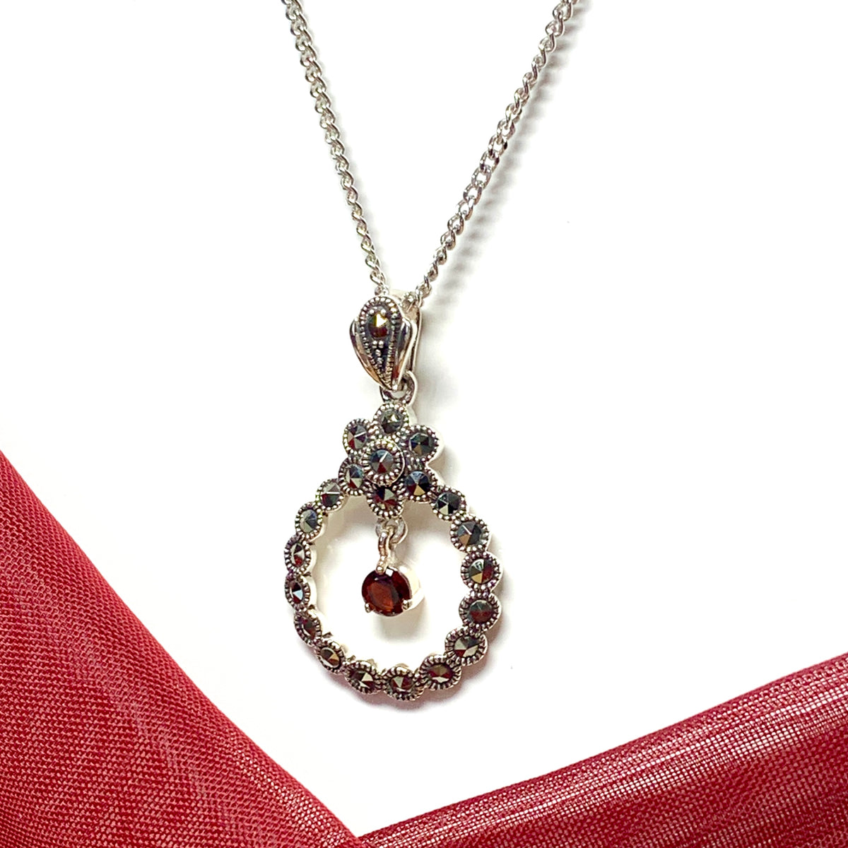 Necklace real garnet and real marcasite round circle shaped open pendant sterling silver