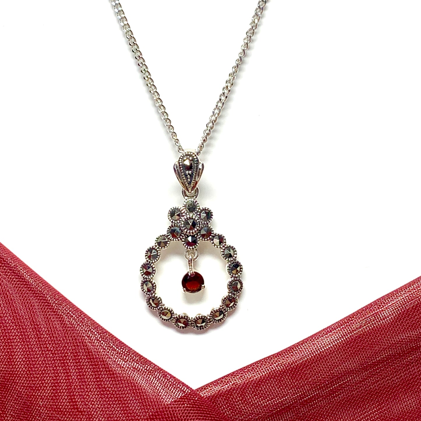 Necklace real garnet and real marcasite round circle shaped open pendant sterling silver
