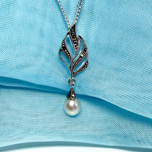 Necklace real marcasite and real freshwater cultured pearl leaf shape sterling silver pendant