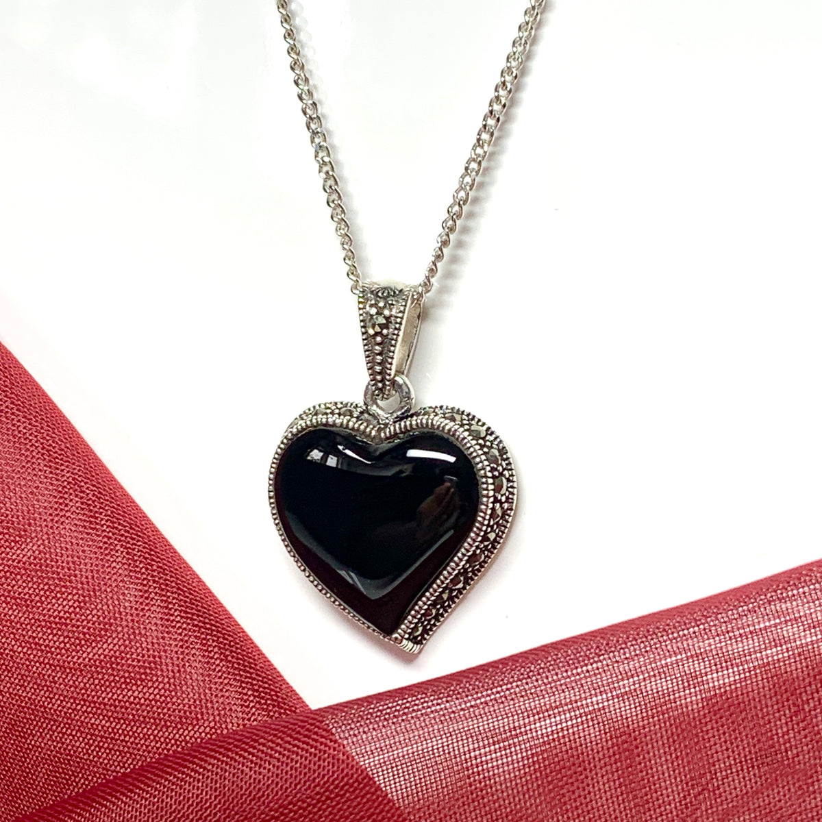 Necklace real black onyx and marcasite heart shaped pendant sterling silver