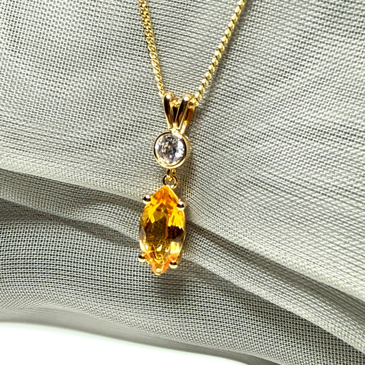 Necklace real yellow citrine and real cubic zirconia marquise and round sterling silver with yellow gold plating