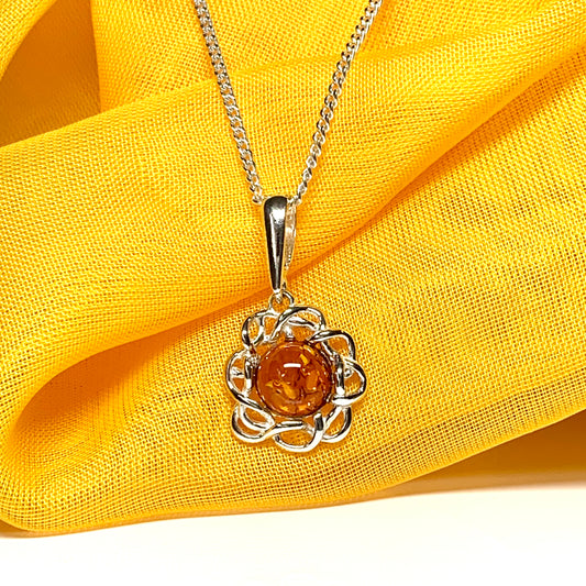 Necklace round sterling silver real amber pendant