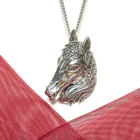 Necklace sterling silver real garnet and marcasite horse shaped