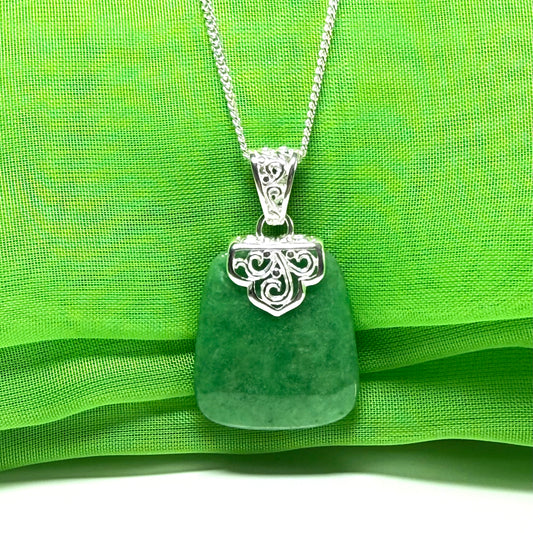 Necklace with a real green jade stone, large necklace cushion shaped, a timeless designed pendant