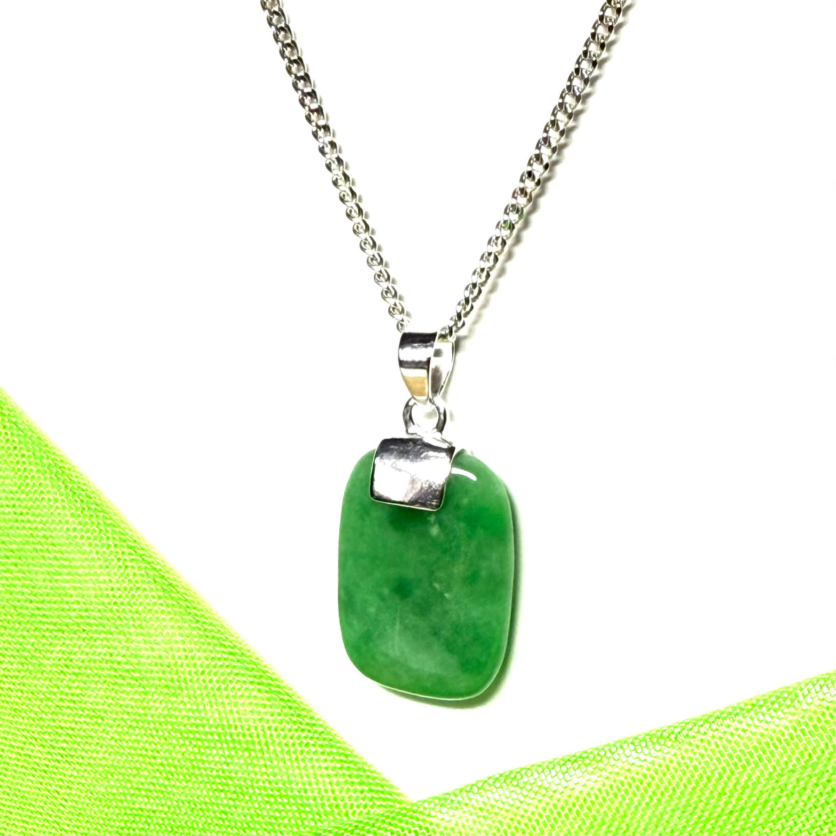 Necklace with a real green jade stone sterling silver cushion shaped pendant
