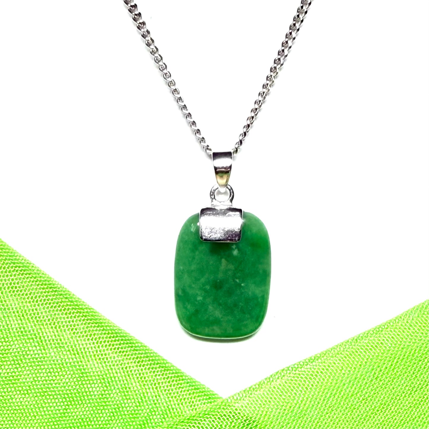 Necklace with a real green jade stone sterling silver cushion shaped pendant