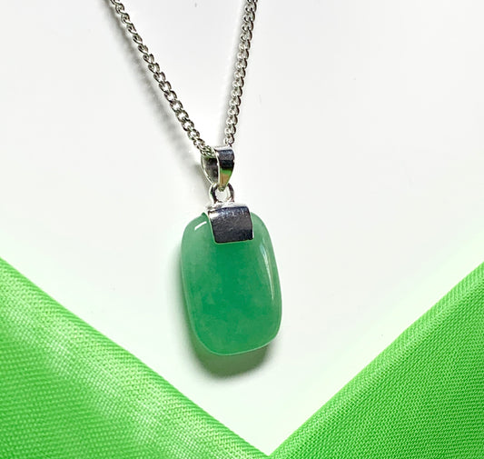 Necklace pendant having a real green jade sterling silver cushion shaped