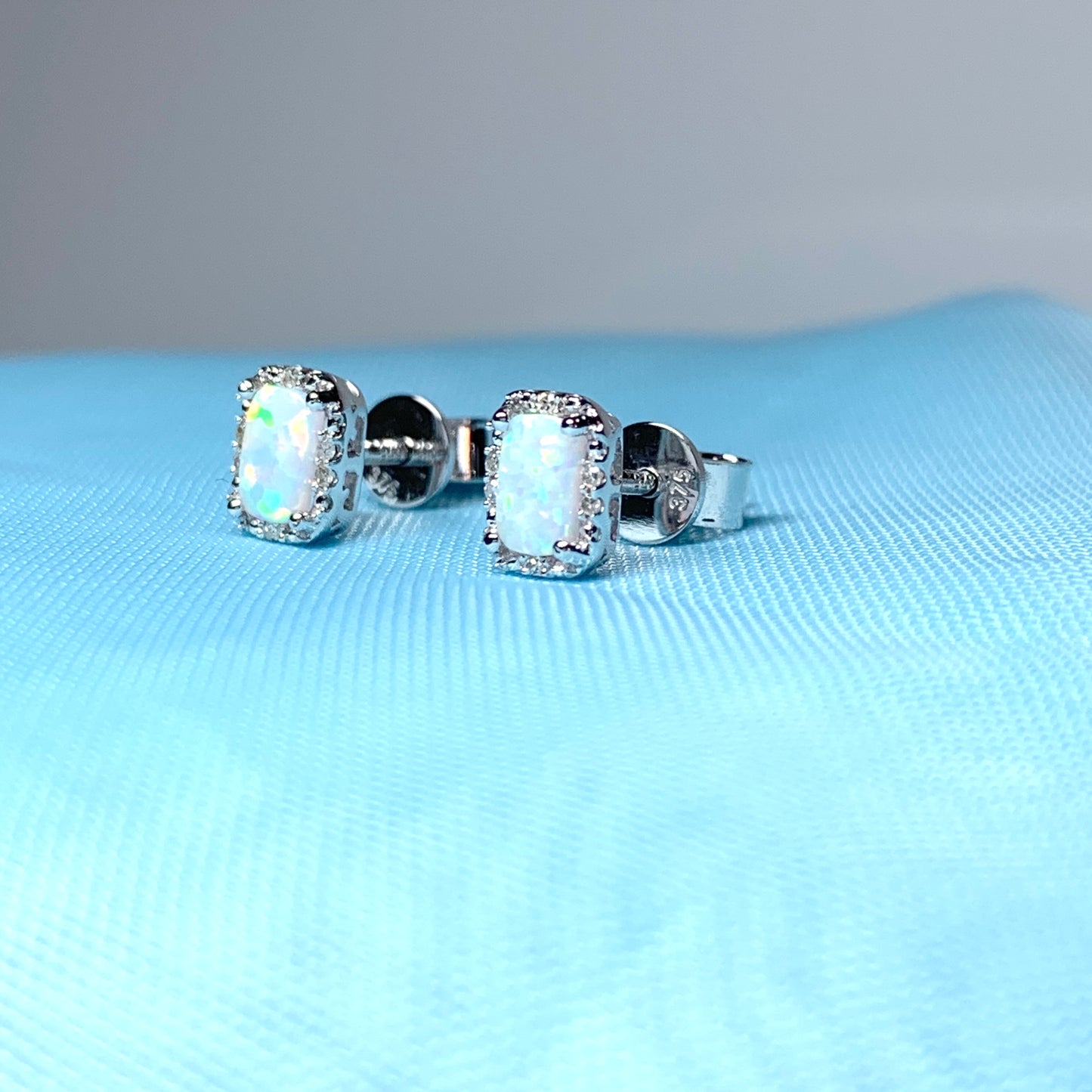 Rectangle Opal And Diamond White Gold Stud Cluster Earrings