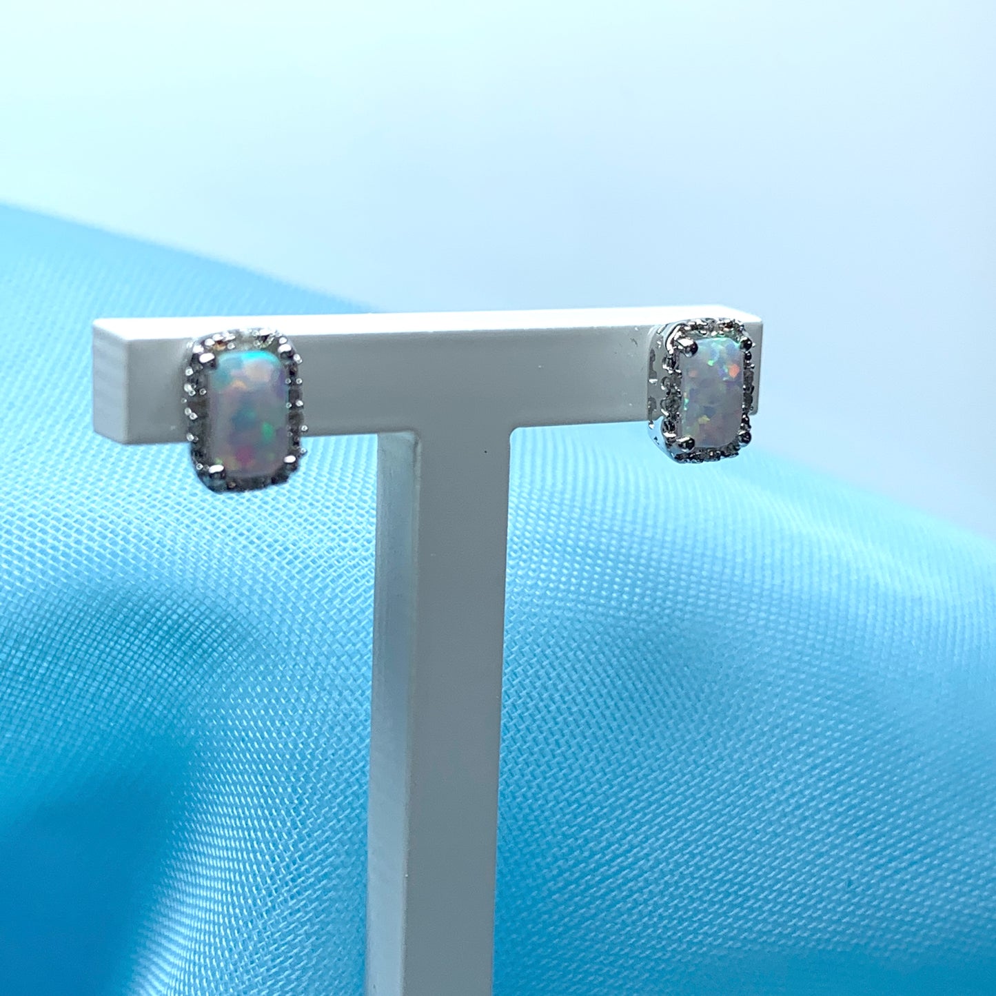 Rectangle Opal And Diamond White Gold Stud Cluster Earrings