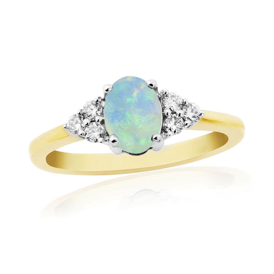 Real opal and diamond cocktail yellow gold ring