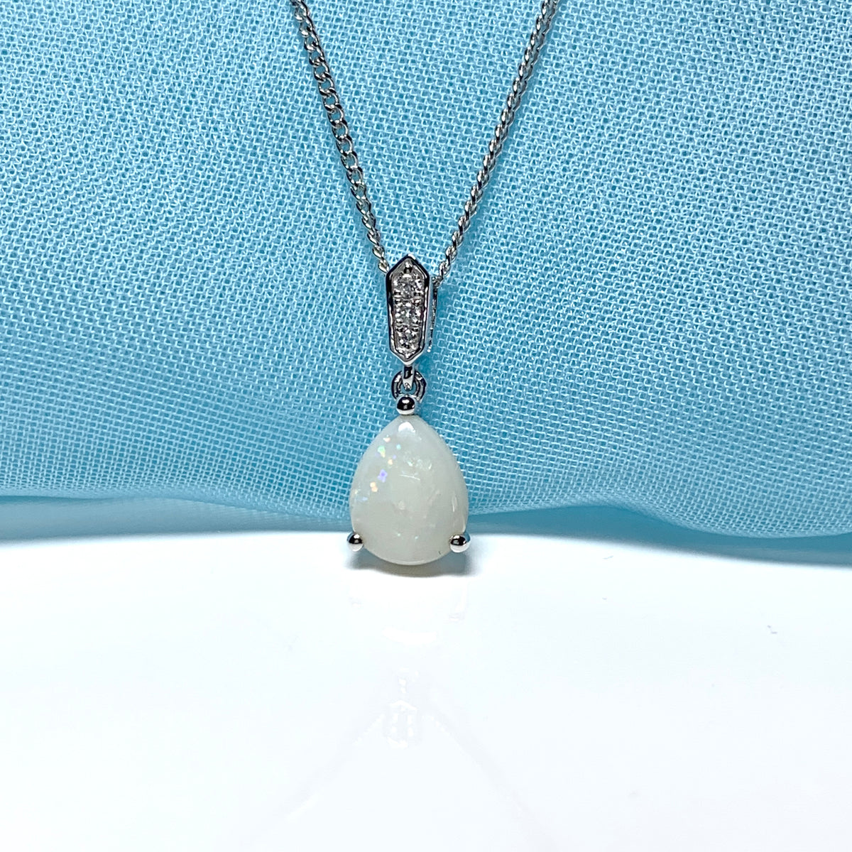 White gold real opal and diamond pear shaped necklace