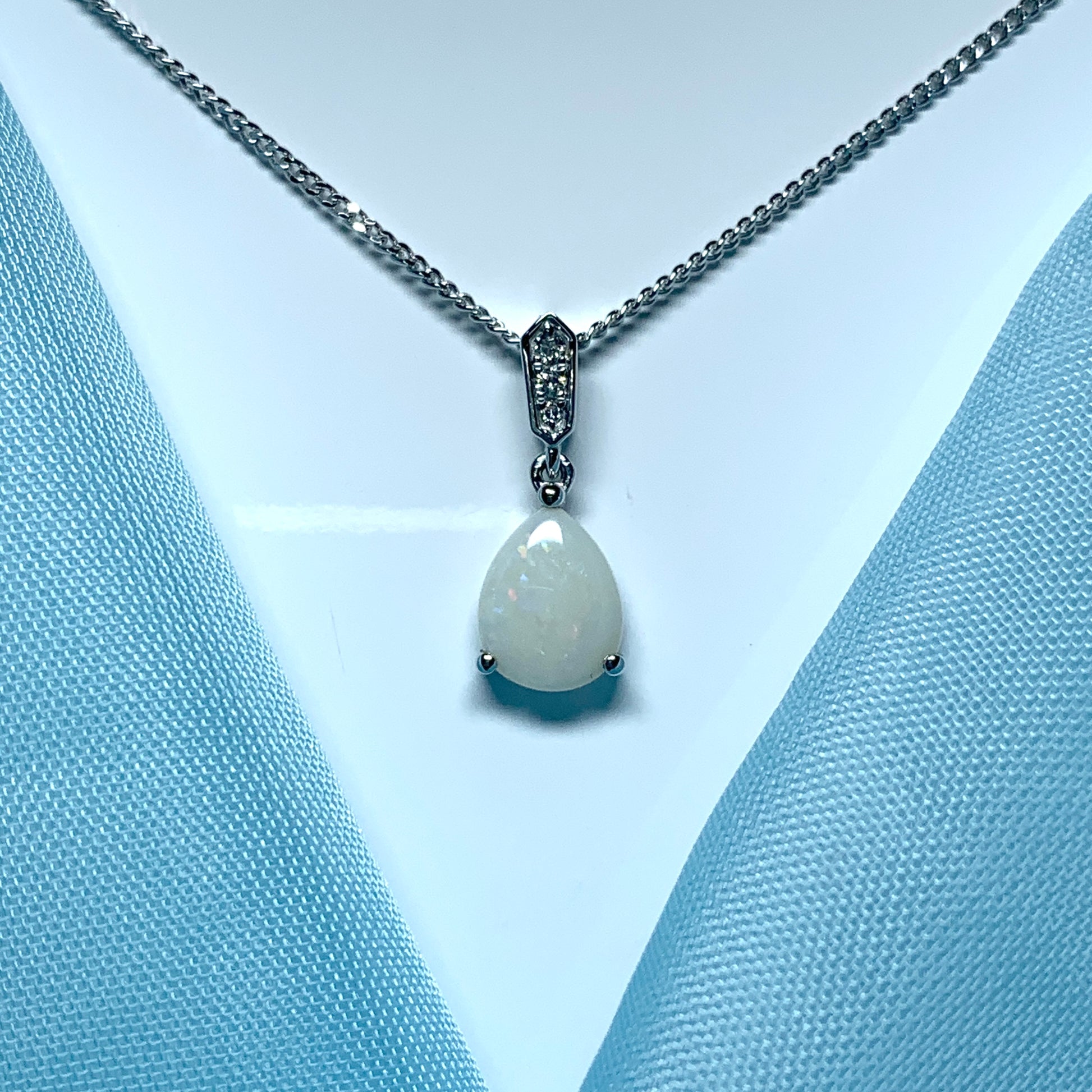 White gold real opal and diamond pear shaped necklace