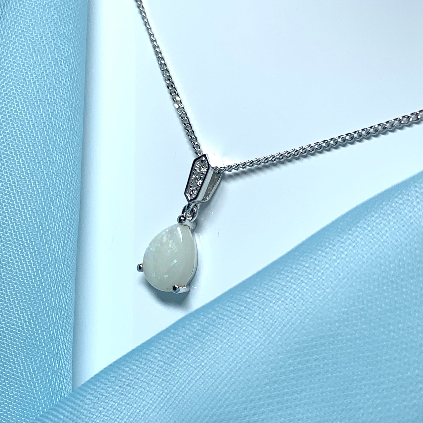 White gold real opal and diamond pear shaped necklace